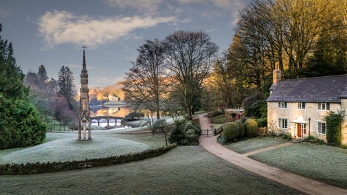 An aerial view of 89 Church Lawn, next to the Bristol Cross monument and garden at Stourhead, Wiltshire